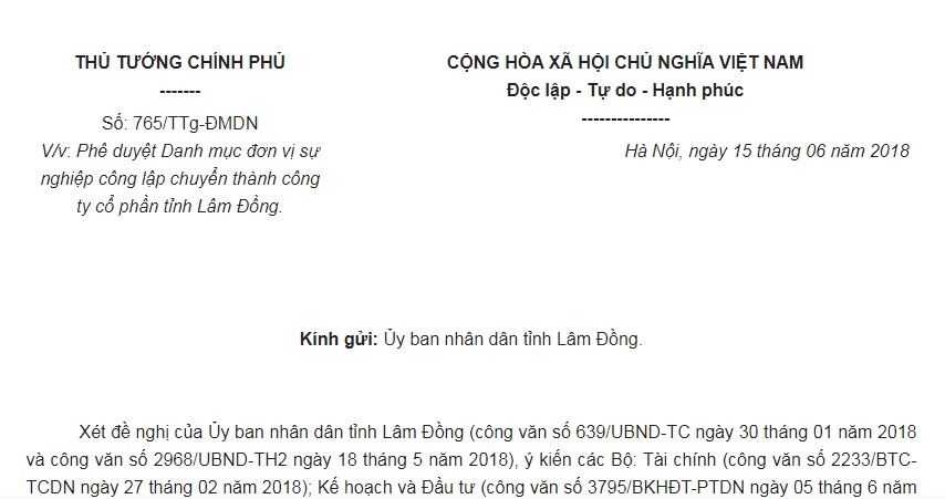 Công Văn 765/TTg-ĐMDN năm 2018 Danh mục đơn vị sự nghiệp công lập chuyển thành công ty cổ phần tỉnh Lâm Đồng