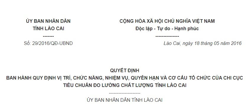 Quyết Định 29/2016/QĐ-UBND cơ cấu tổ chức của Chi cục Tiêu chuẩn Đo lường Chất lượng