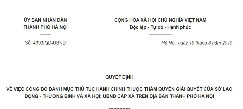 Quyết Định 4393/QĐ-UBND Hà Nội 2019 TTHC thuộc thẩm quyền Sở Lao động Thương binh và Xã hội