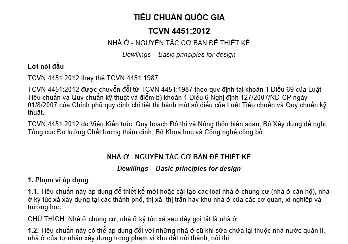 Tiêu Chuẩn Quốc Gia TCVN 4451:2012 – Nguyên tắc cơ bản để thiết kế nhà ở