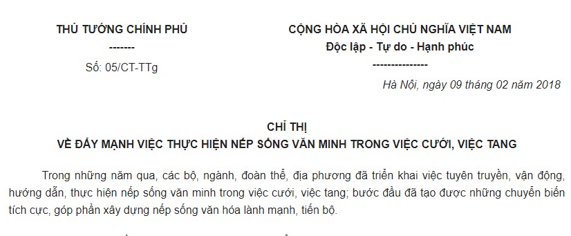 Chỉ thị 05/CT-TTg 2018 đẩy mạnh thực hiện nếp sống văn minh trong việc cưới, việc tang