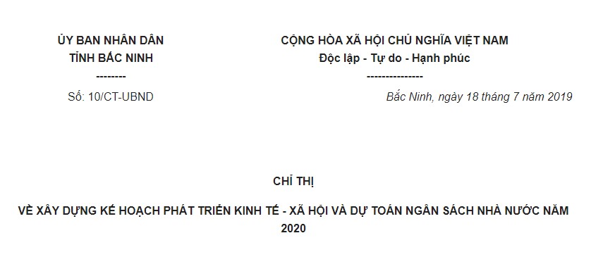 Chỉ thị 10/CT-UBND Bắc Ninh 2019 Kế hoạch phát triển kinh tế – xã hội năm 2020