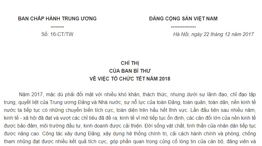 Chỉ thị 16-CT/TW 2017 về tổ chức Tết năm 2018