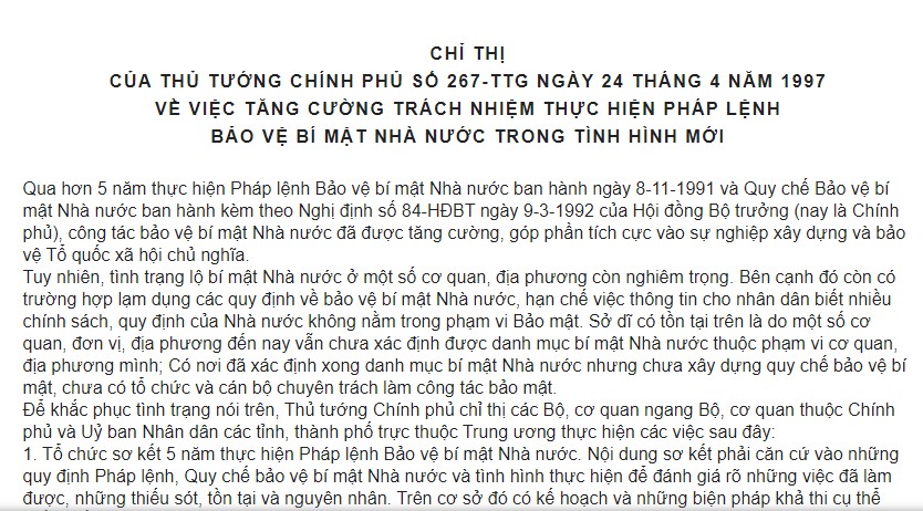 Chỉ thị 267/TTg của Thủ tướng Chính phủ về tăng cường trách nhiệm thực hiện Pháp lệnh Bảo vệ bí mật Nhà nước trong tình hình mới