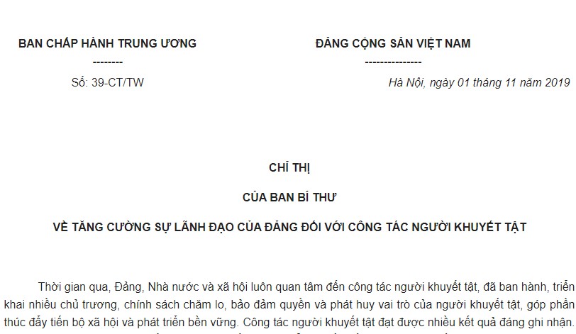 Chỉ thị 39-CT/TW 2019 tăng cường sự lãnh đạo của Đảng đối với công tác người khuyết tật