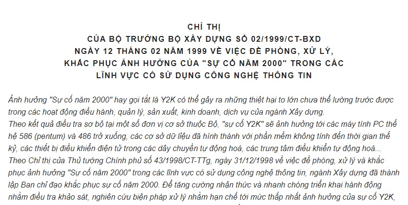 Chỉ Thị về việc đề phòng xử lý khắc phục ảnh hưởng của Sự cố năm 2000 trong các lĩnh vực có sử dụng công nghệ thông tin