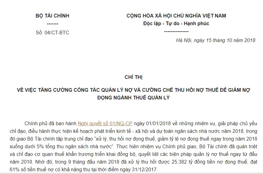 Chỉ thị 04/CT-BTC 2018 về quản lý nợ, cưỡng chế thu hồi nợ thuế để giảm nợ đọng ngành thuế