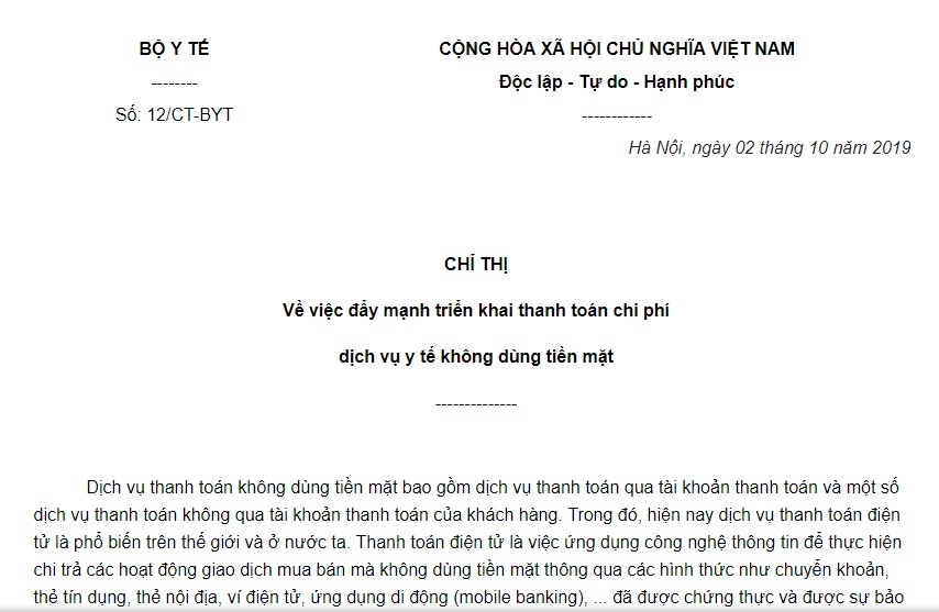 Chỉ thị 12/CT-BYT 2019 đẩy mạnh triển khai thanh toán chi phí dịch vụ y tế không dùng tiền mặt