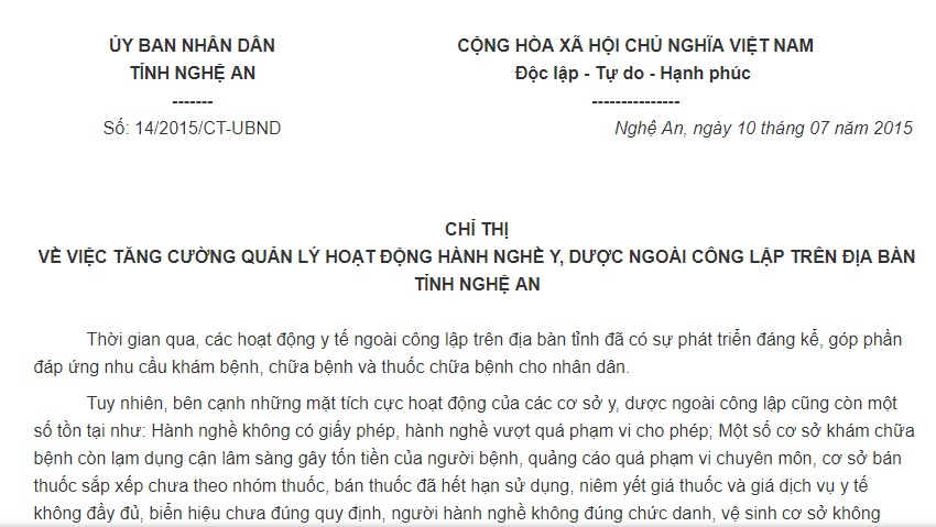 Chỉ thị 14/2015/CT-UBND về việc tăng cường quản lý hoạt động hành nghề y, dược công lập trên địa bàn tỉnh Nghệ An