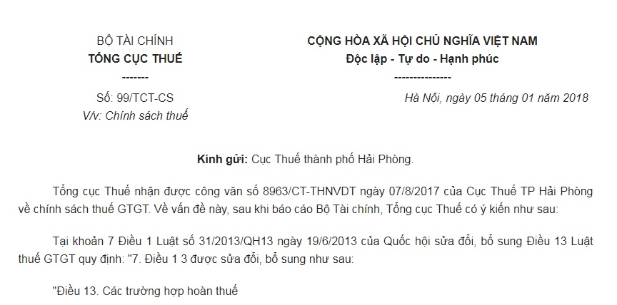 Công Văn 99/TCT-CS 2018 về chính sách thuế