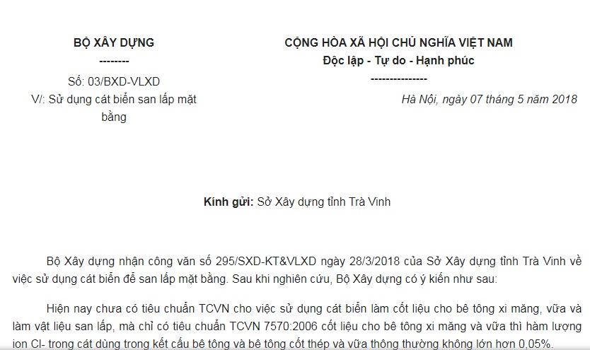 Công Văn 03/BXD-VLXD năm 2018 Sử dụng cát biển san lấp mặt bằng