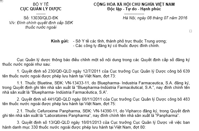 Công Văn 13030/QLD-ĐK 2016 đính chính quyết định cấp số đăng ký thuốc nước ngoài