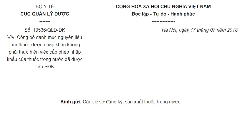 Công Văn 13536/QLD-ĐK 2018 Danh mục nguyên liệu làm thuốc NK phải cấp phép