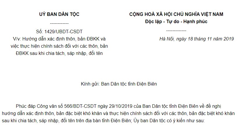 Công văn 1429/UBDT-CSDT 2019 xác định thôn, bản đặc biệt khó khăn sau khi chia tách, sáp nhập