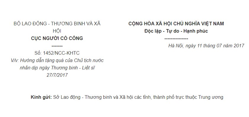 Công văn 1452/NCC-KHTC của Cục Người có công về việc hướng dẫn tặng quà của Chủ tịch nước nhân dịp ngày Thương binh – Liệt sĩ 27/7/2017