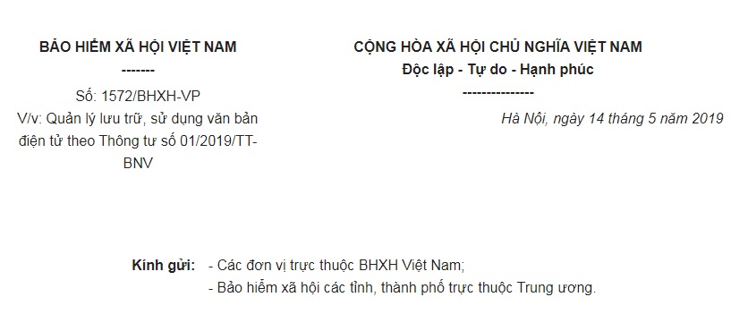 Công Văn 1572/BHXH-VP 2019 về quản lý lưu trữ và sử dụng văn bản điện tử