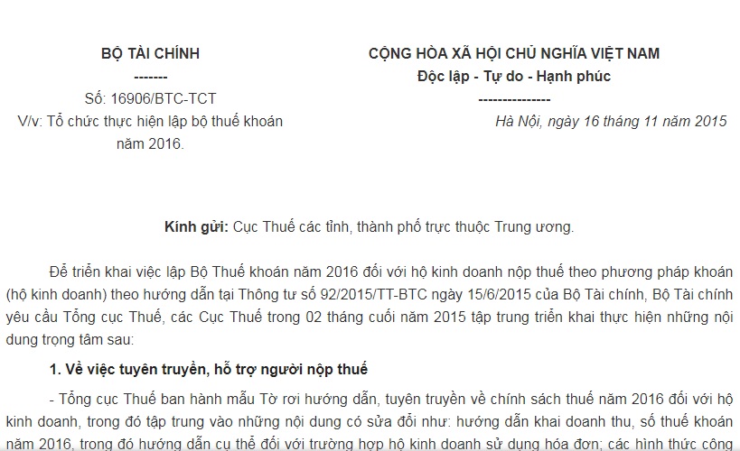 Công Văn 16906/BTC-TCT của Bộ Tài chính về việc tổ chức thực hiện lập bộ thuế khoán năm 2016