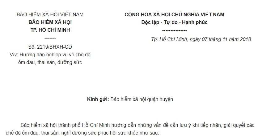 Công Văn 2219/BHXH-CĐ HCM 2018 hướng dẫn nghiệp vụ về chế độ ốm đau, thai sản, dưỡng sức