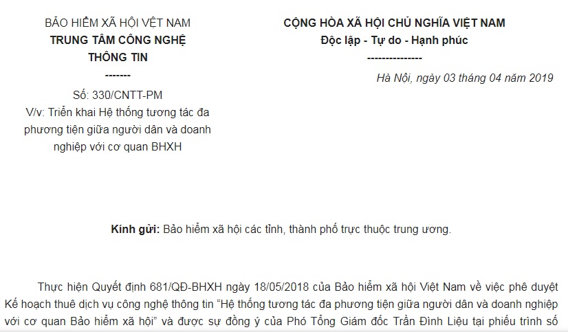 Công Văn 330/CNTT-PM 2019 Hệ thống tương tác đa phương tiện giữa người dân, DN với Nhà nước