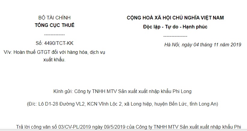 Công Văn 4490/TCT-KK 2019 hoàn thuế giá trị gia tăng đối với hàng hóa xuất khẩu