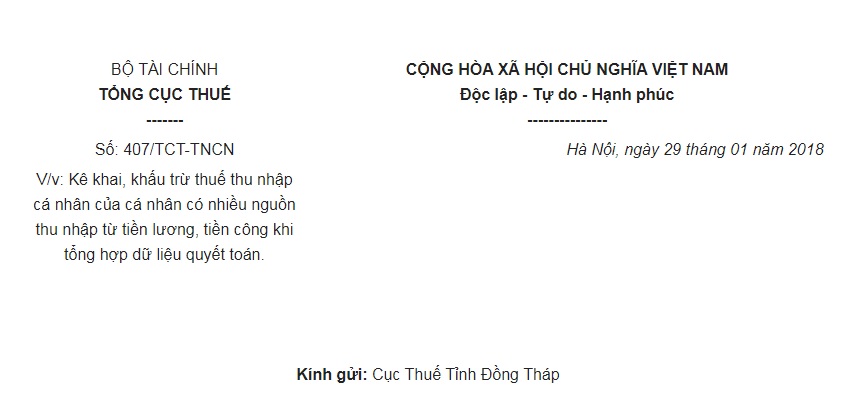 Công Văn 407/TCT-TNCN 2018 kê khai, khấu trừ thuế TNCN có nhiều nguồn thu nhập từ tiền lương, tiền công