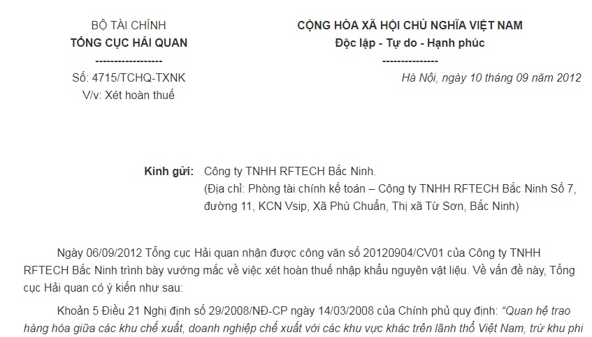 Công Văn 4715/TCHQ-TXNK của Tổng cục Hải quan về việc xét hoàn thuế nhập khẩu nguyên vật liệu