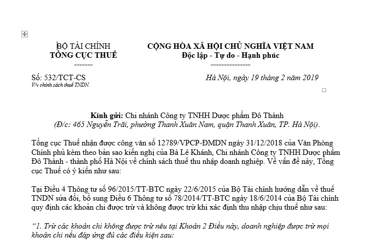 Công Văn 532/TC-CS năm 2019 về chính sách thuế thu nhập doanh nghiệp do tổng cục thuế ban hành