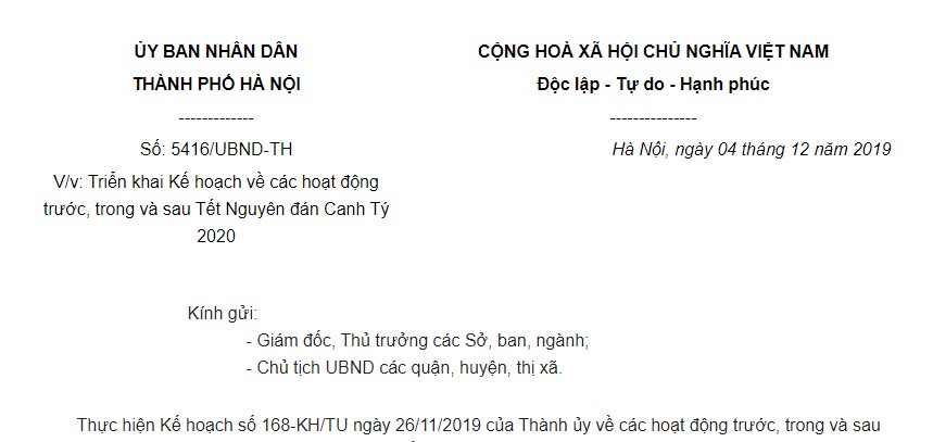 Công văn 5416/UBND-TH Hà Nội 2019 triển khai Kế hoạch các hoạt động trước, trong và sau Tết