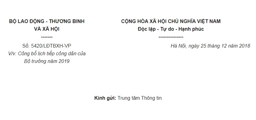 Công Văn 5420/LĐTBXH-VP 2018 công bố lịch tiếp công dân của Bộ trưởng năm 2019