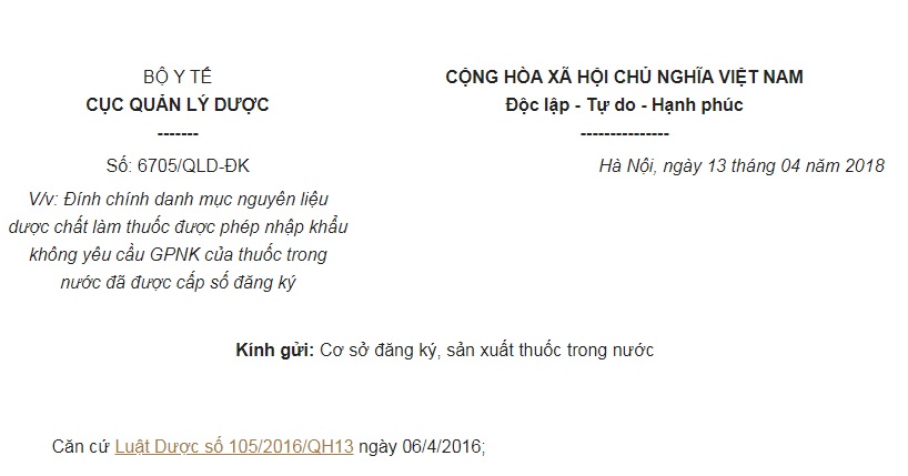 Công Văn 6705/QLD-ĐK năm 2018 Đính chính Danh mục nguyên liệu dược chất làm thuốc NK không phải cấp phép