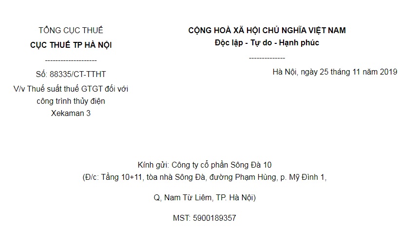 Công Văn 88335/CT-TTHT Hà Nội 2019 thuế suất GTGT đối với công trình thủy điện Xekaman 3