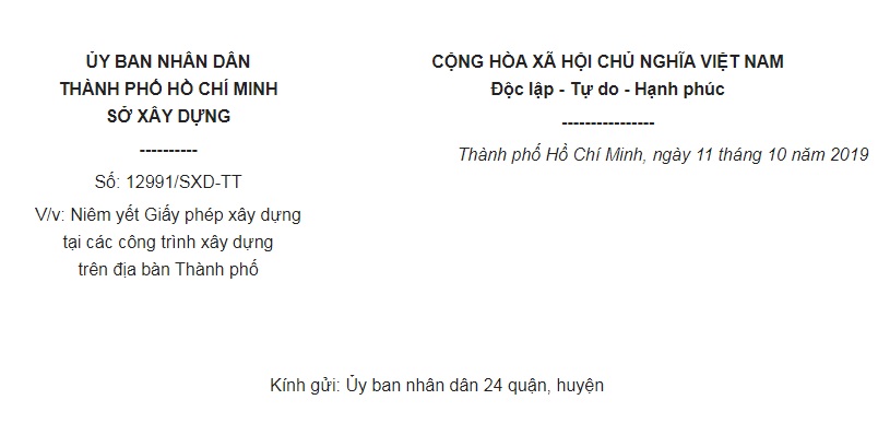 Công Văn 12991/SXD-TT Hồ Chí Minh 2019 về niêm yết Giấy phép xây dựng