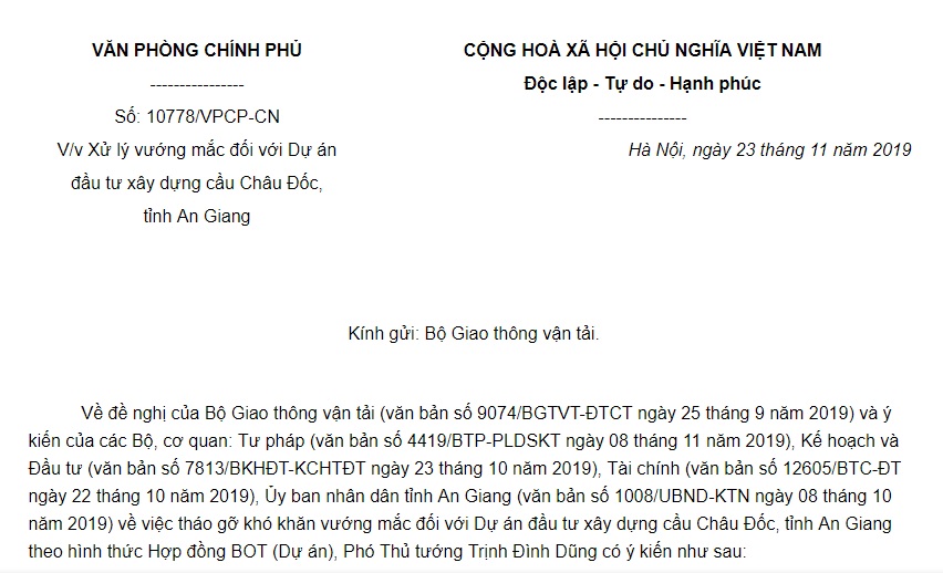 Công văn 10778/VPCP-CN 2019 xử lý vướng mắc Dự án cầu Châu Đốc, tỉnh An Giang