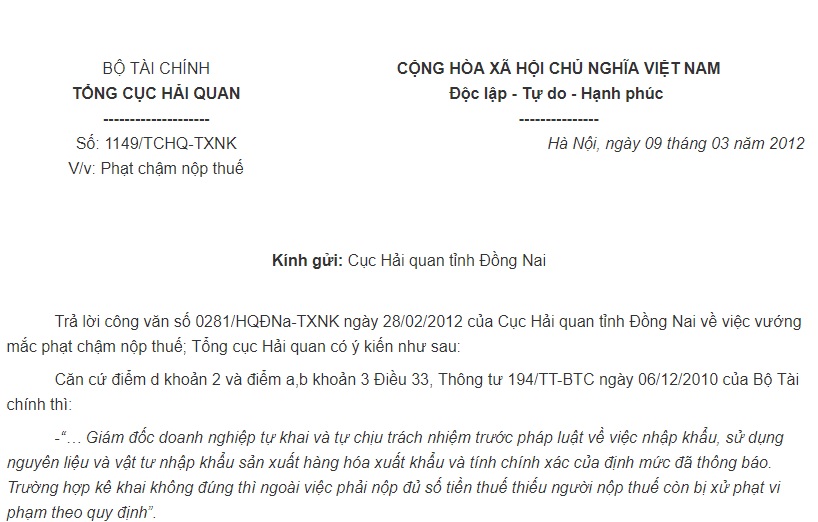 Công văn 1149/TCHQ-TXNK của Tổng cục Hải quan về việc phạt chậm nộp thuế