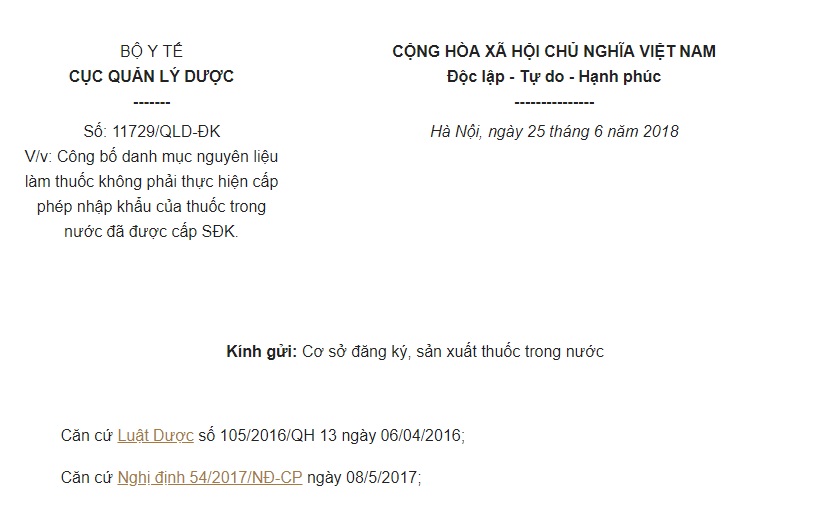 Công văn 11729/QLD-ĐK năm 2018 Danh mục nguyên liệu làm thuốc NK không phải cấp phép