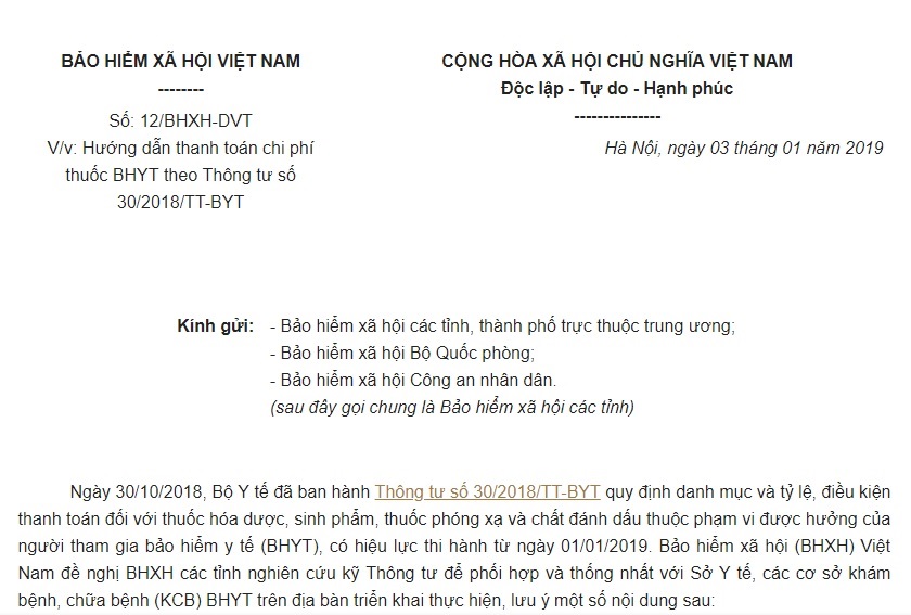 Công văn 12/BHXH-DVT 2019 hướng dẫn thanh toán chi phí thuốc bảo hiểm y tế