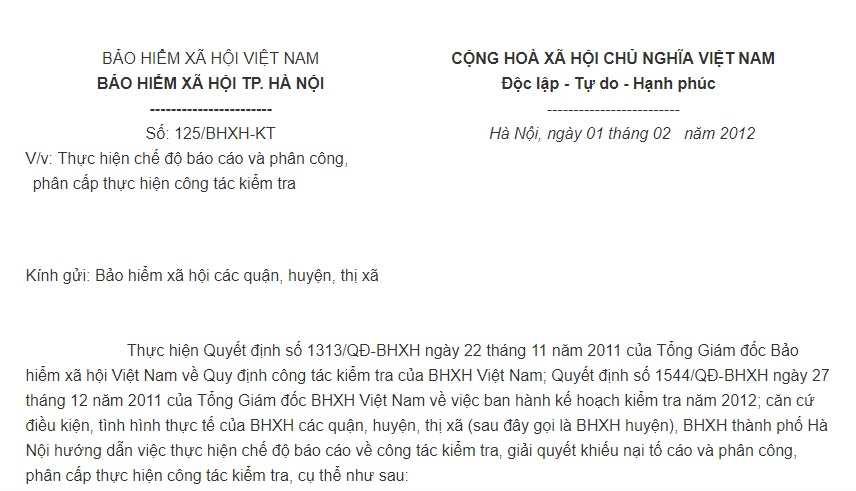 Công văn 125/BHXH-KT về việc thực hiện chế độ báo cáo và phân công, phân cấp thực hiện công tác kiểm tra