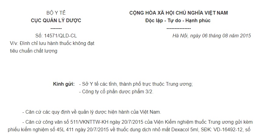 Công văn 14571/QLD-CL về việc đình chỉ lưu hành thuốc không đạt tiêu chuẩn chất lượng