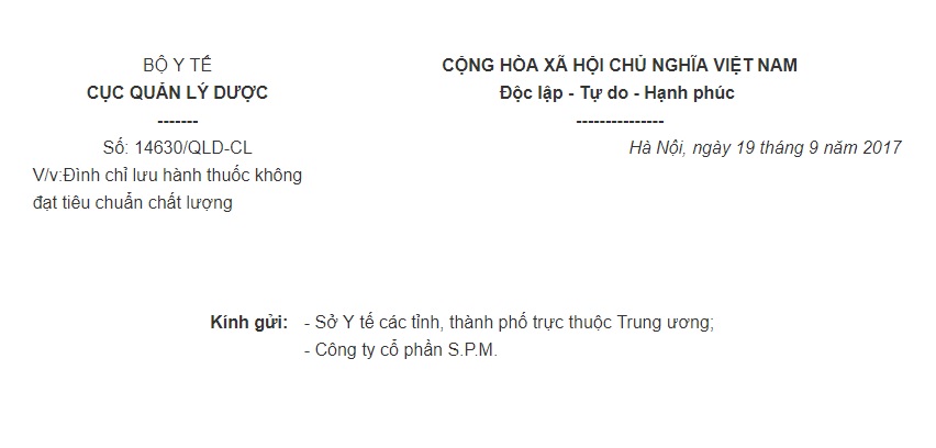 Công văn 14630/QLD-CL về việc đình chỉ lưu hành thuốc không đạt tiêu chuẩn chất lượng