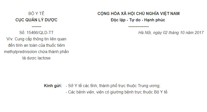 Công văn 15466/QLD-TT về việc cung cấp thông tin liên quan đến tính an toàn của thuốc tiêm methylprednisolon