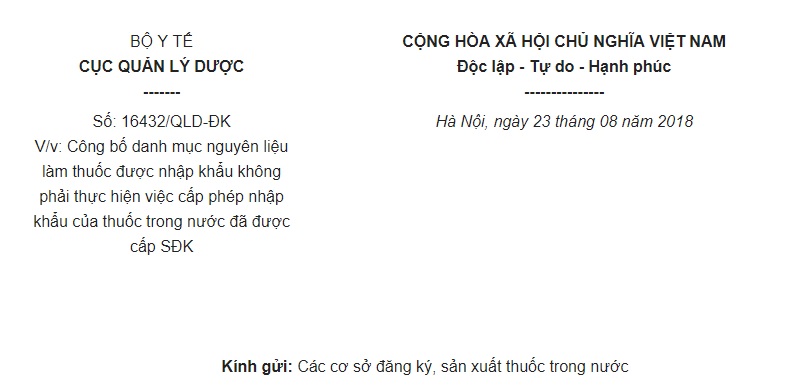 Công văn 16432/QLD-ĐK 2018 công bố Danh mục nguyên liệu làm thuốc NK không phải cấp phép