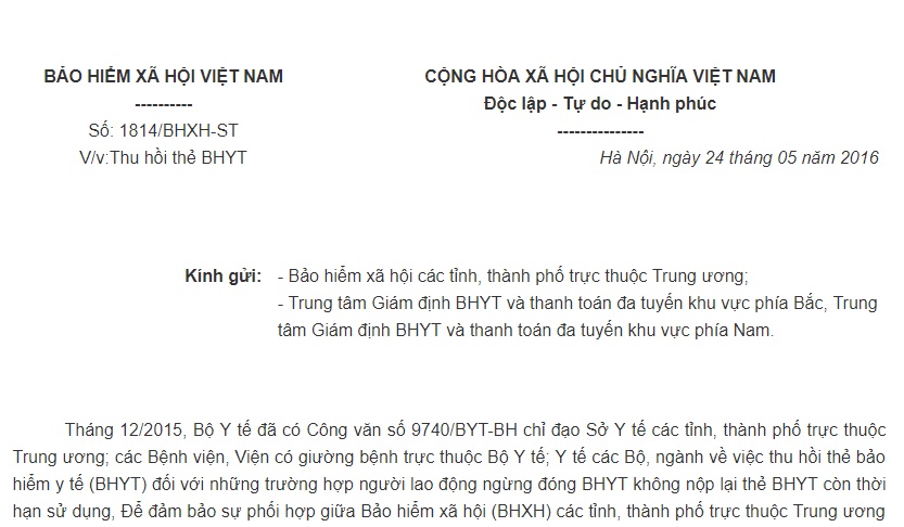 Công văn 1814/BHXH-ST 2016 về việc thu hồi thẻ Bảo hiểm y tế