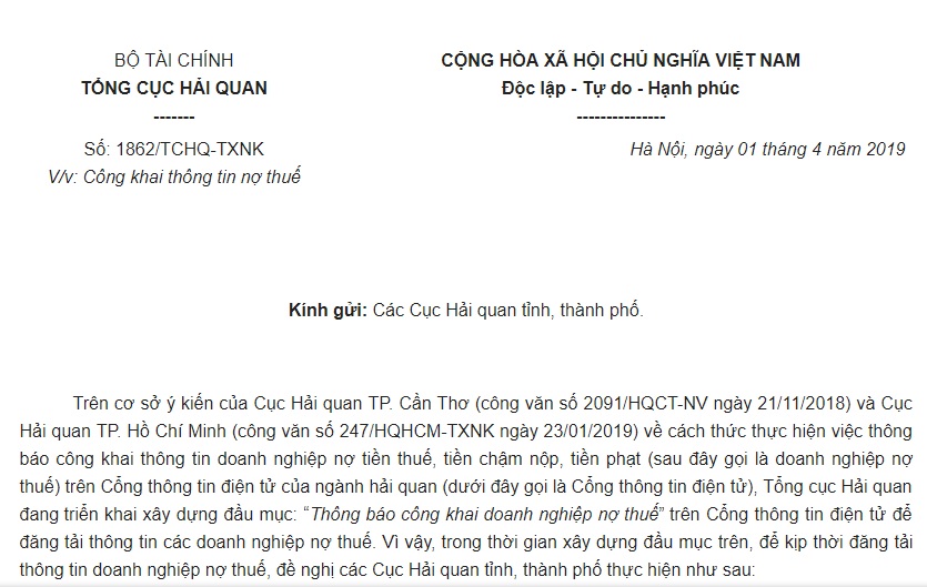 Công văn 1862/TCHQ-TXNK 2019 về công khai thông tin nợ thuế