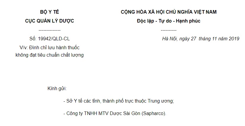 Công văn 19942/QLD-CL 2019 đình chỉ lưu hành thuốc không đạt tiêu chuẩn chất lượng