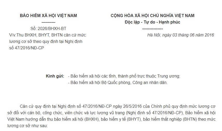 Công văn 2026/BHXH-BT 2016 thu bảo hiểm xã hội căn cứ mức lương cơ sở