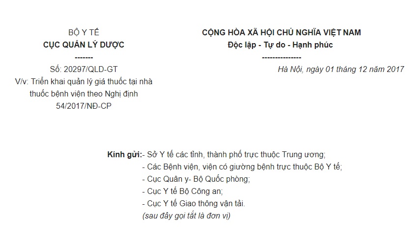 Công văn 20297/QLD-GT về việc triển khai quản lý giá thuốc tại nhà thuốc bệnh viện theo Nghị định 54/2017/NĐ-CP