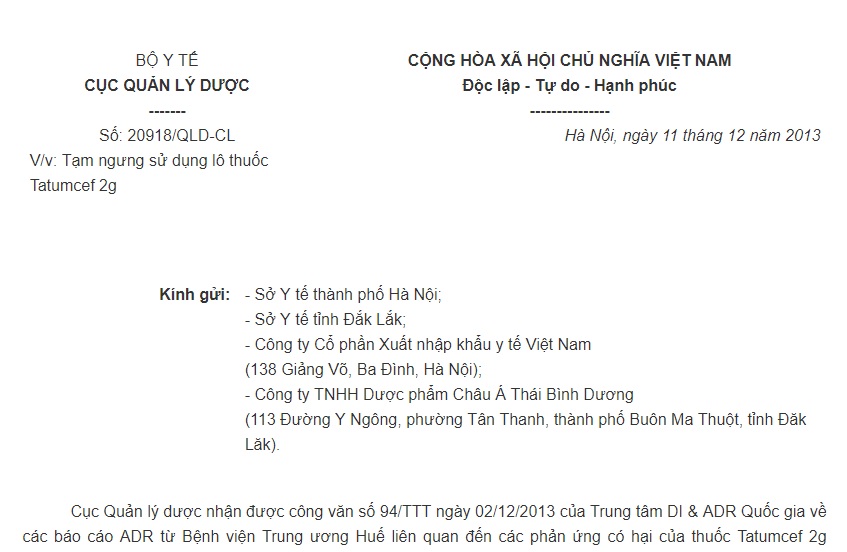 Công văn 20918/QLD-CL của Cục Quản lý Dược về việc tạm ngưng sử dụng lô thuốc Tatumcef 2g