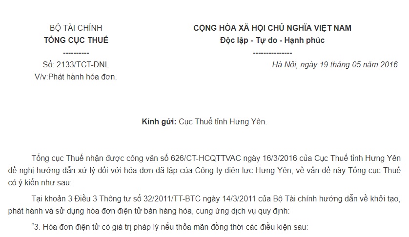 Công văn 2133/TCT-DNL 2016 của Tổng cục Thuế về việc phát hành hóa đơn