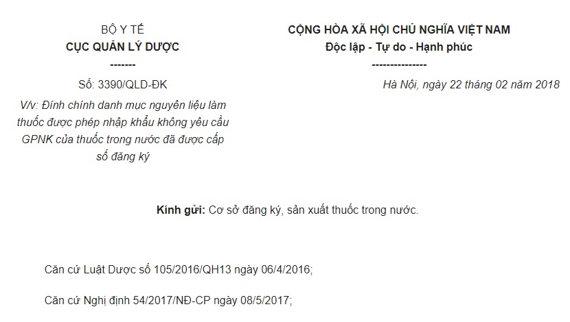 Công văn 3390/QLD-ĐK năm 2018 đính chính Danh mục nguyên liệu làm thuốc NK không phải cấp phép