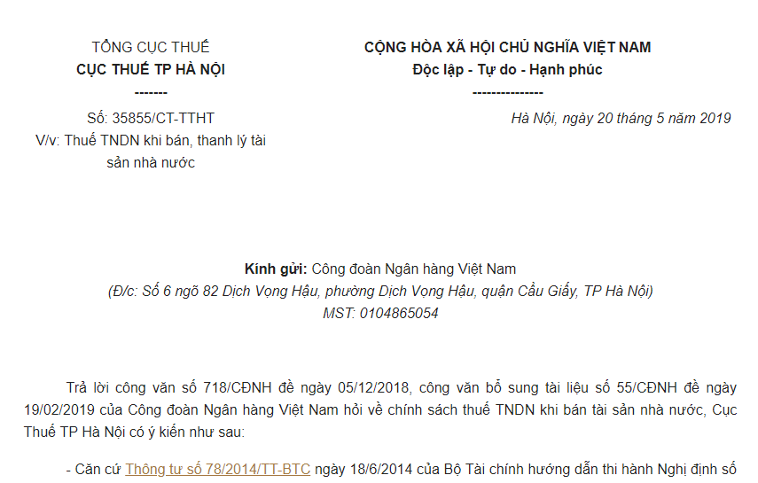Công văn 35855/CT-TTHT Hà Nội 2019 thuế TNDN khi thanh lý tài sản Nhà nước